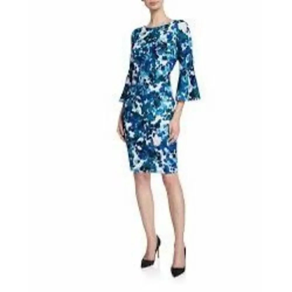 Calvin Klein Women’s Size 4 Bell Sleeve Sheath Pencil Dress Blue Floral Zip Up